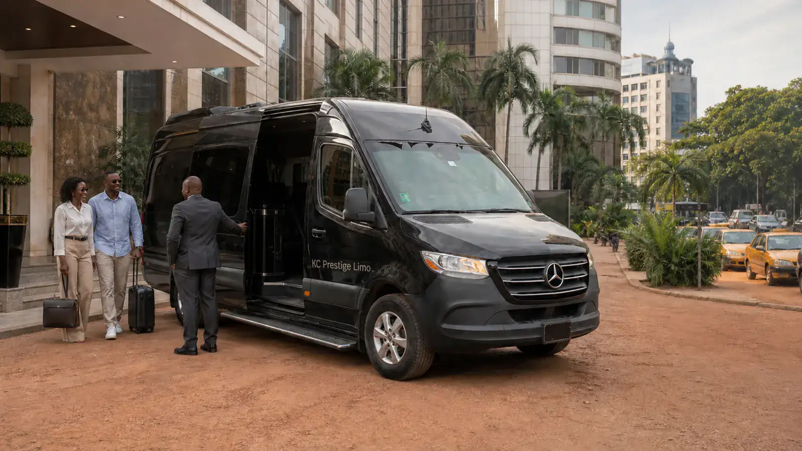 A chauffeur arrival with a black passenger van in Bonanjo, Douala